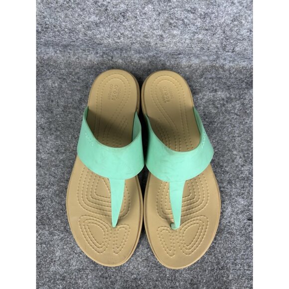 Crocs Sandals Womens Size 7 Mint Green Tan Flip Flop Thong Comfort Slip On Beach - Picture 3 of 7